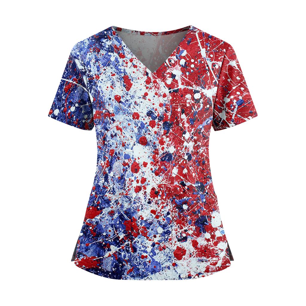 Women's Independence Day Print V-Neck Double Pocket Short Sleeve Uniform with Slit Hem - Caregiver Top