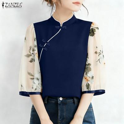 Blusa Casual Feminina com Gola Alta e Mangas 3/4 em Patchwork