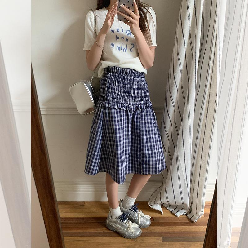 

Летний клетчатый топ-двойка женский ленивый наряд топ-труба юбка юбка L