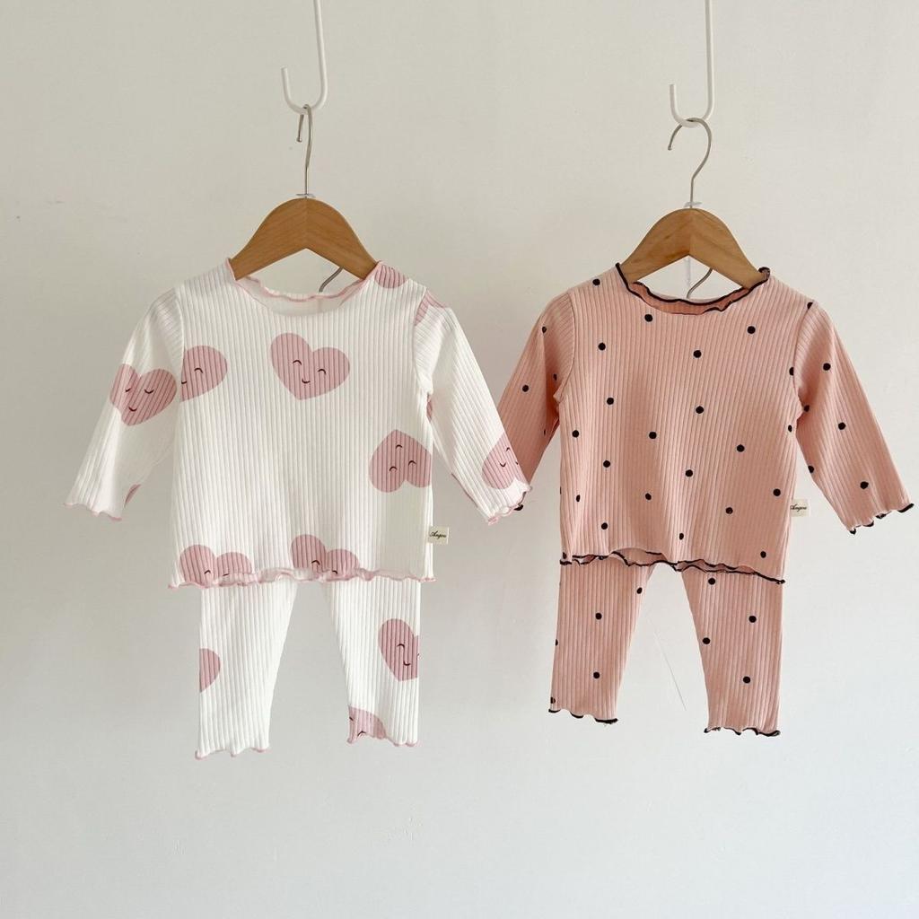 Girls' Home Clothes Baby Girls' Long Sleeve Ribbed Pit Bar Pajamas Two Piece Set with Mushroom Edges