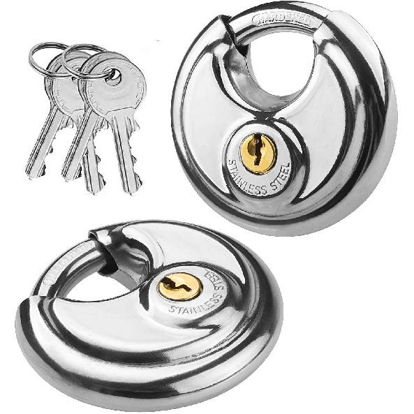 Disc Keyed Padlock 2 Pack Round Padlock Stainless Steel Disc Padlock 2-3/4 inches Heavy Duty Disc Lock with Key for Storage Unit, Garages, Fence and