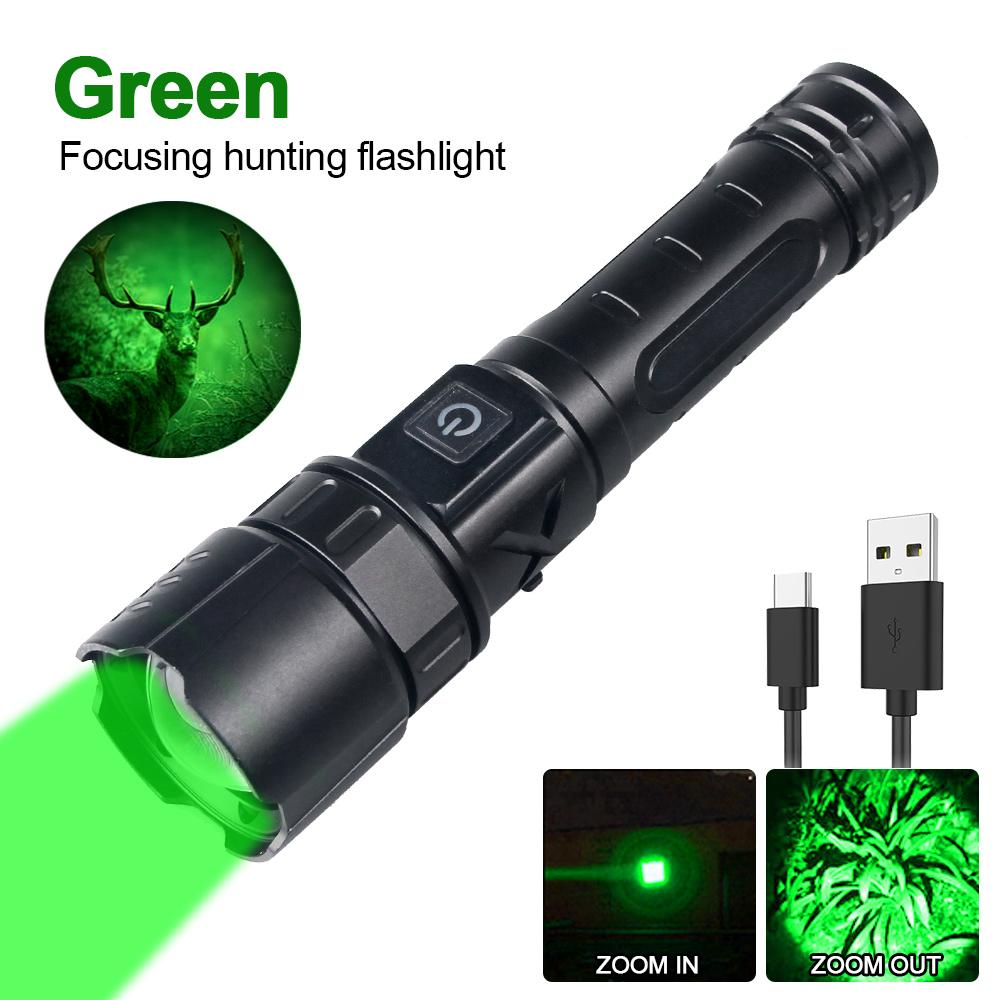 Green Flashlight Professional LED Zoomable Torch for Hunting USB Rechargeable Night Scout Light+Press Switch+Gun Clip