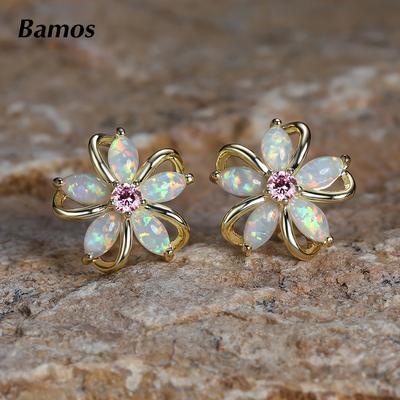 Elegant Opal Flower Stud Earrings For Women Girls Luxury Gold Color Wedding Jewelry Party Gift