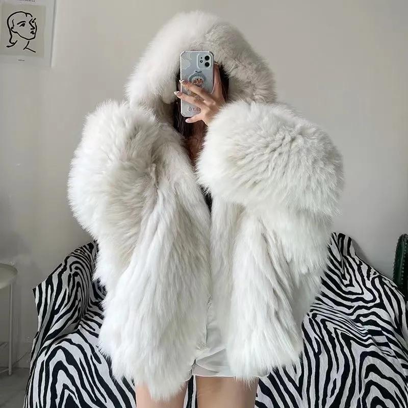 Autumn Winter Oversized White Black Warm Shaggy Hairy Faux Fur Coat Women with Hood Loose Casual Fluffy Jacket