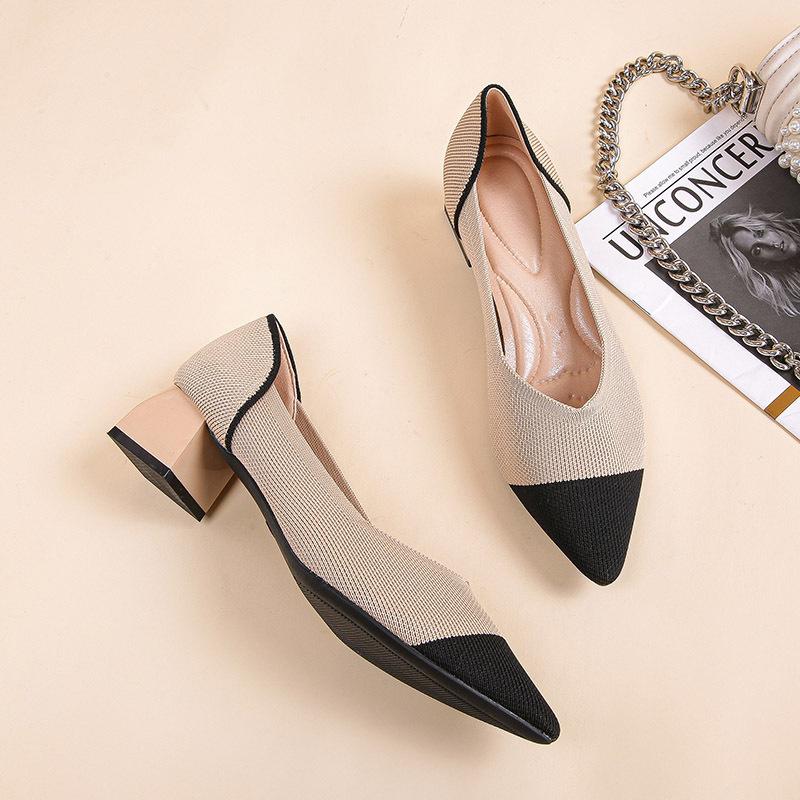 New thick heel knitted shoes temperament versatile fashion leopard print color matching pointed shoes woven shoes