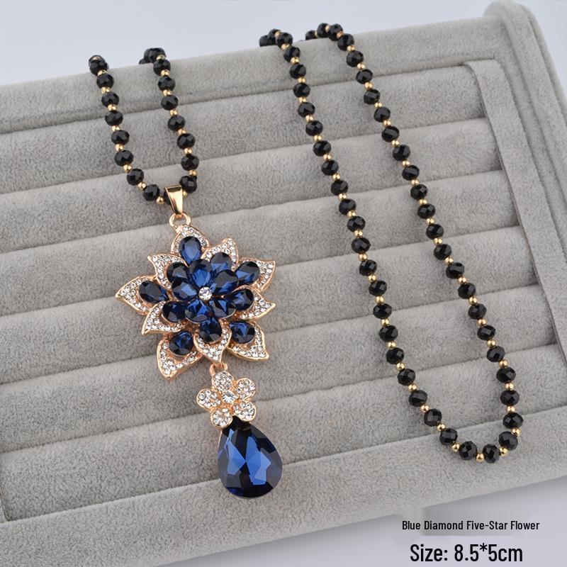 Elegant Women’s Crystal Flower Pendant Necklace - Versatile Autumn/Winter Sweater Chain Accessory