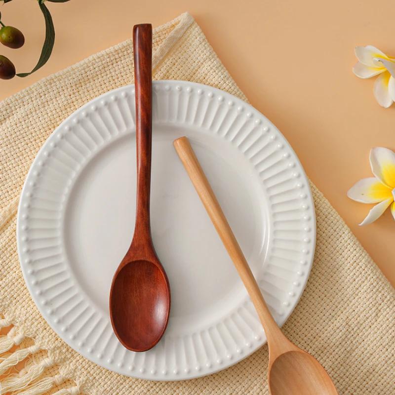 3/6pcs Natural Wood Spoon Long Handle Solid Wood Soup Spoon Eat Ramen Noodle Soup Spoon Japanese Household Eating Spoon