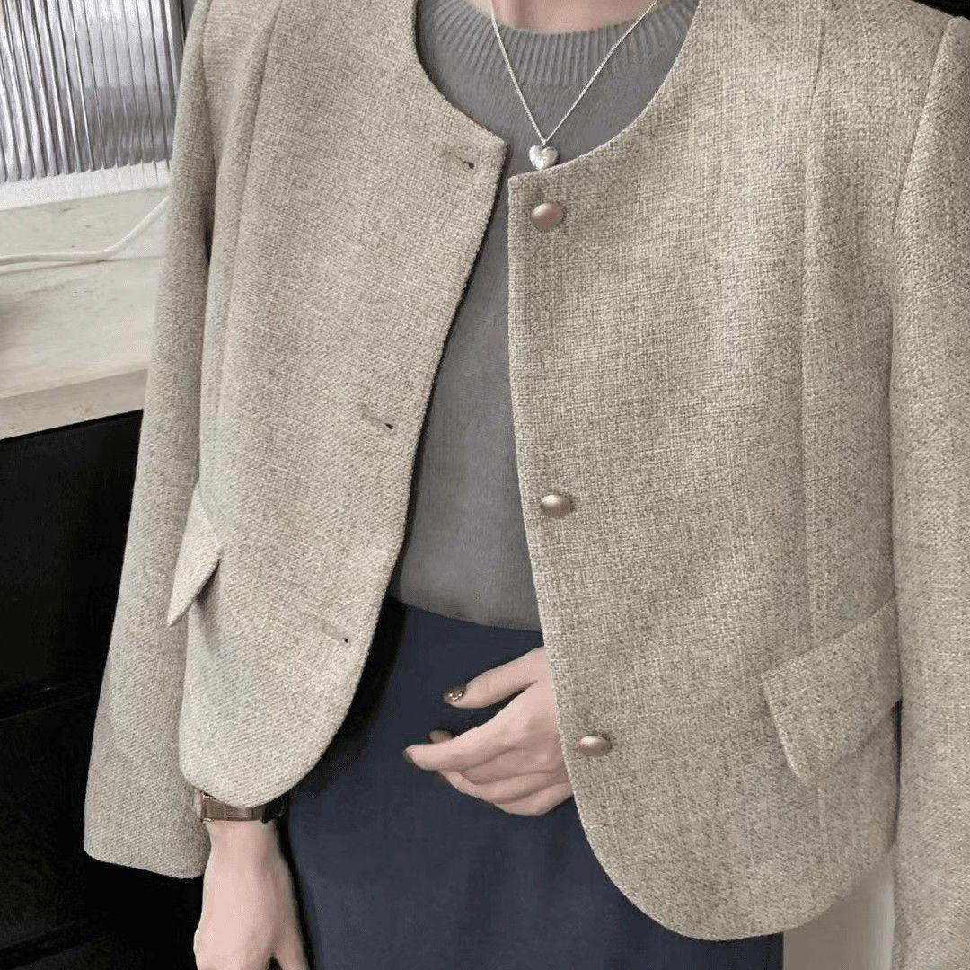 French Style Elegant Round Neck Cardigan - Spring/Autumn Women s Top M (100-120 jin) хаки