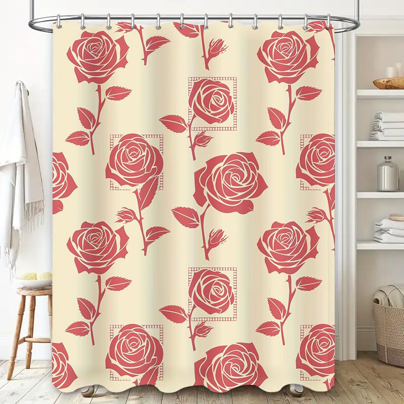 Vintage Red Floral Shower Curtain Decorative Rectangular Pattern Waterproof for Bathrooms Bathroom Accessories 180x240cm (6ftx90