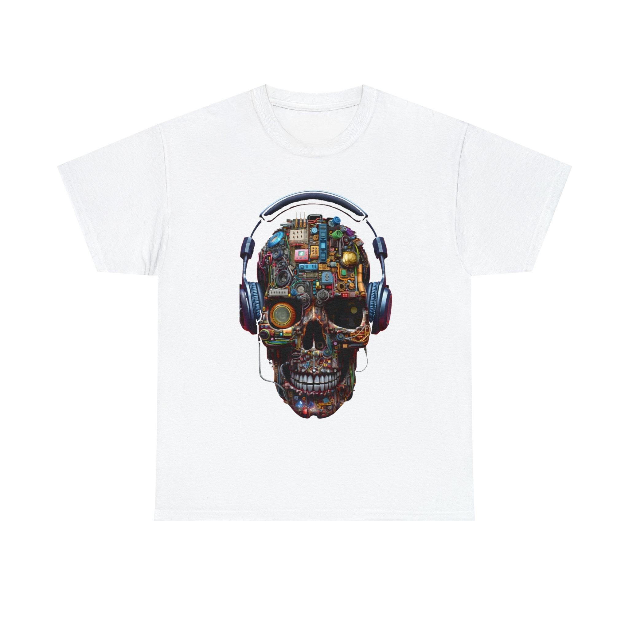 

Skull T-shirt Cyberpunk Unisex Cotton Tee Colourful Circuit Boards and Headphones Great for Gamers Casual Wear Gift 4XL