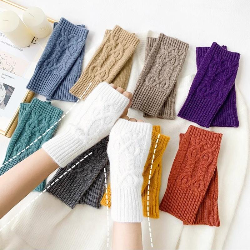 Winter, Solid Color Sleeves, Ladies, Casual and Versatile, Warm Wrist Band, Short Style, Exposed Fingers, Knitting Wool, Fried Dough Twists Gloves