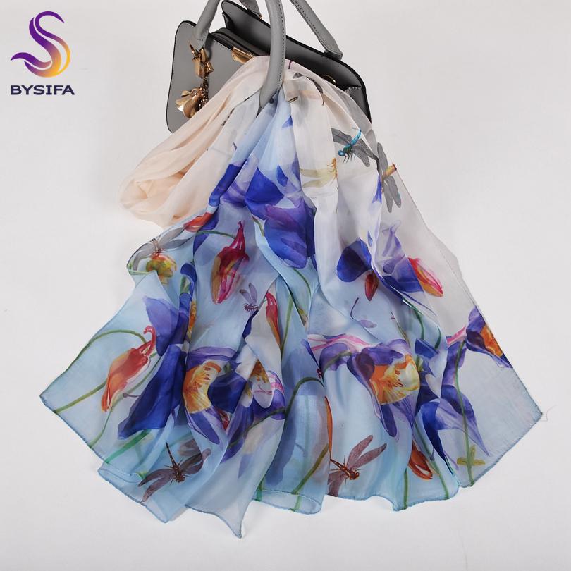 [BYSIFA] Female Spring White Chiffon Silk Scarves New Floral Design Long 100% Silk Scarf Shawl Autumn Winter Women Neck Scarf