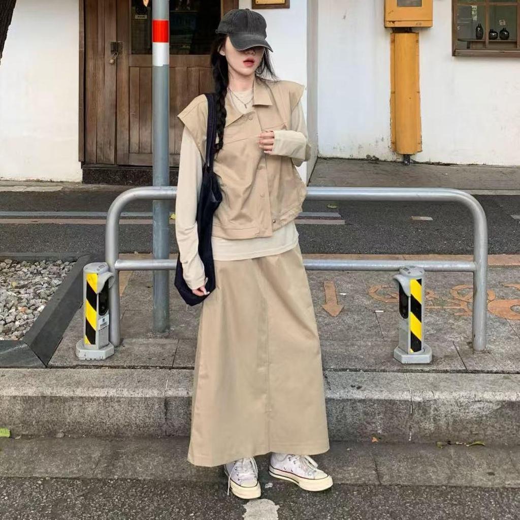2026 Korean Style Spring/Autumn Elegant Three-Piece Set: Long Sleeve Top and Retro Skirt