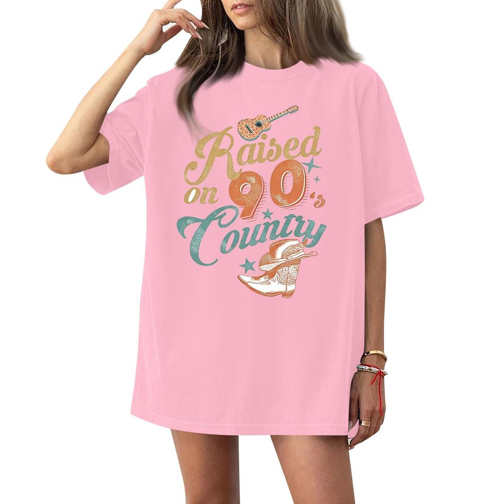 Women's Round Neck Short Sleeve T-Shirt with Music Festival Print for Casual Events
