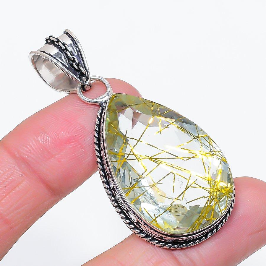 Natural Golden Rutile Gemstone 925 Sterling Silver Jewelry Pendant 2.17" V2b11