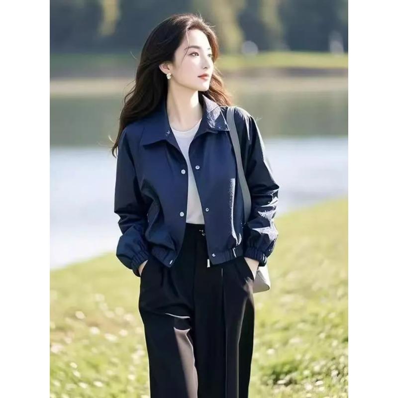 

Women Solid Color Short Bomber Jacket Casual Turn Down Collar Coat L синий