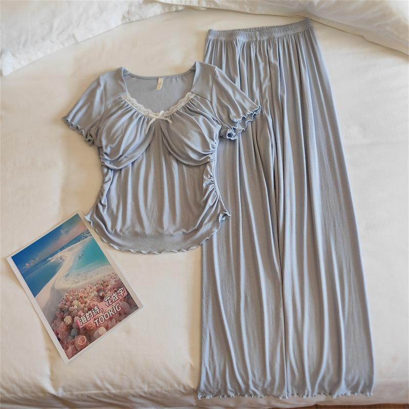 Women's Modal Pajama Set: Summer Short Sleeve & Long Pants with Chest Pad