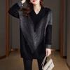 Fashionable Loose Long V-neck Sweater for Women with Mid-length Design and Plus Size