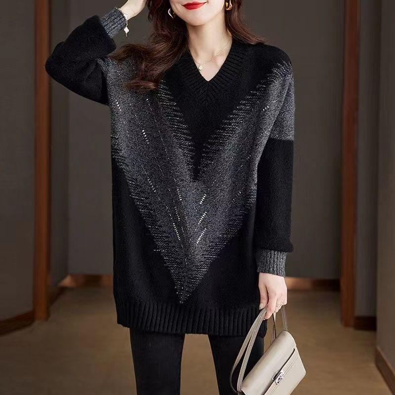 Fashionable Loose Long V-neck Sweater for Women with Mid-length Design and Plus Size