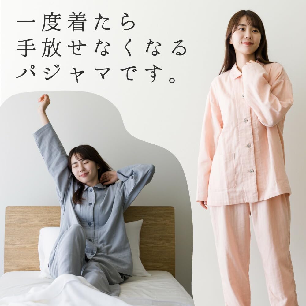 Wasaraf Gauze Long Steel Size Made in Mikawa Stylish Double Loose Loungewear Women's Pajamas, Sleeve, Blue, L, Japan, 100% Cotton, Cotton, Loungewear,