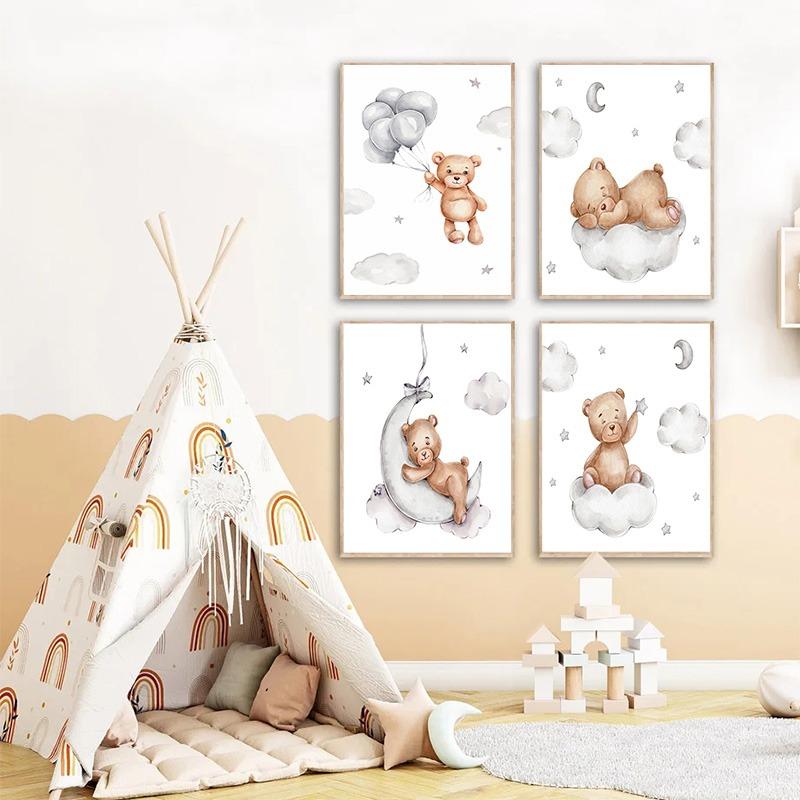 Customize Baby Name Posters Boho Bear Rainbow Sun Wall Art Nursery Canvas Painting and Prints Pictures for Kids Bedroom Decor