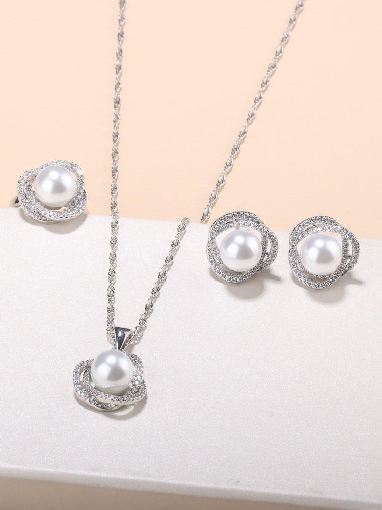 New Fashion   Accessories Pearl Earrings And Necklace Bridal Jewelry For Women Adjustable Ring Size