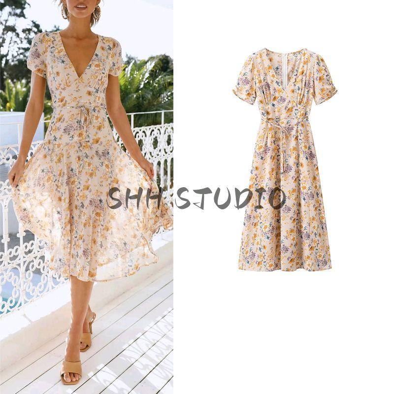 Autumn New Product Women clothes French style Holiday Style Leisure V-neck Short sleeve Series with Decoration Mid-Length Print Dress