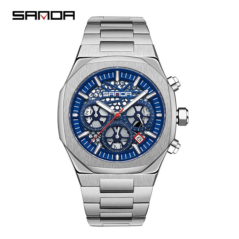 SANDA Men s Octagonal Outdoor Sports Quartz Watch with Calendar  Steel Strap