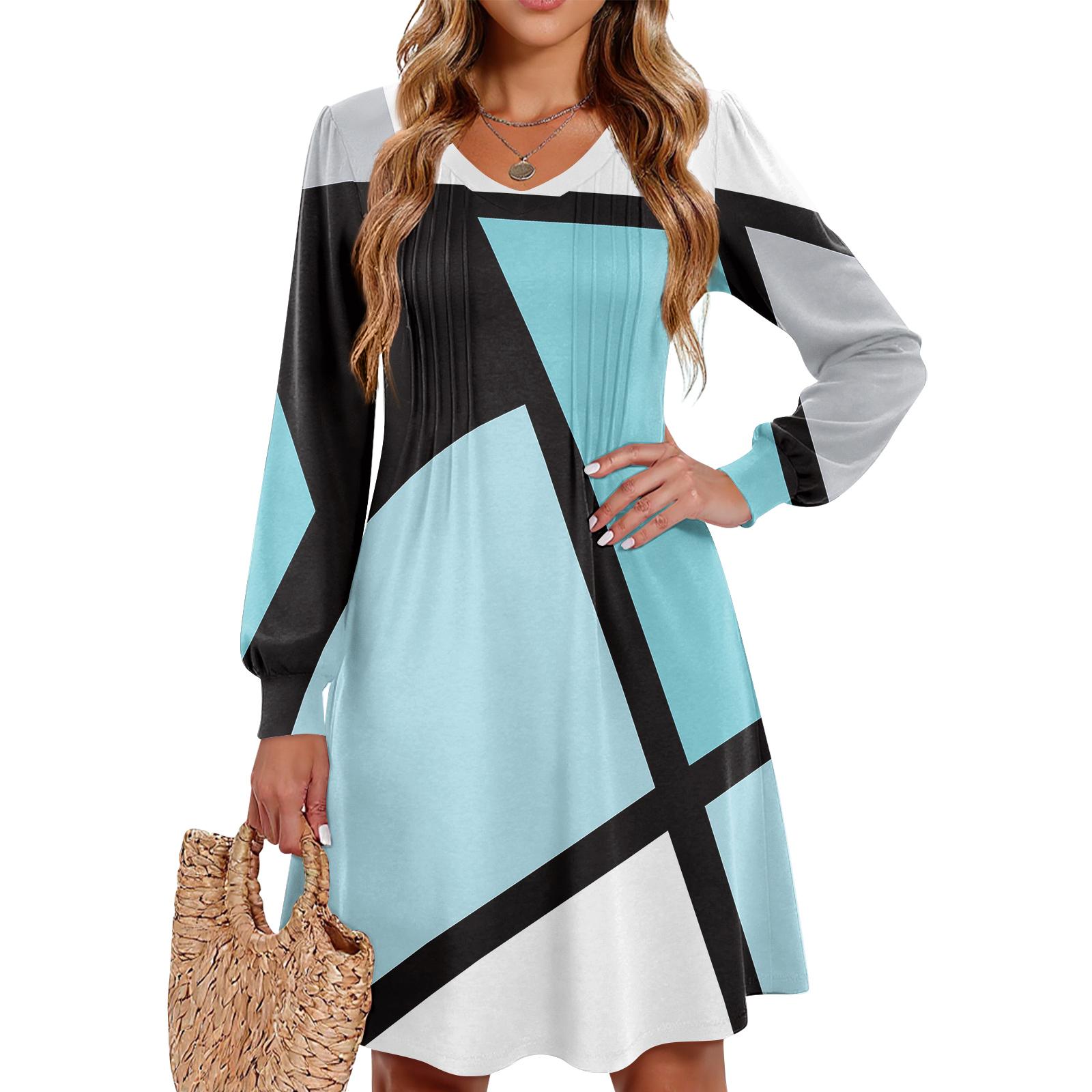 

Ladies Printed Casual And Fashionable V-neck Long Sleeved Mid Length Dress XL