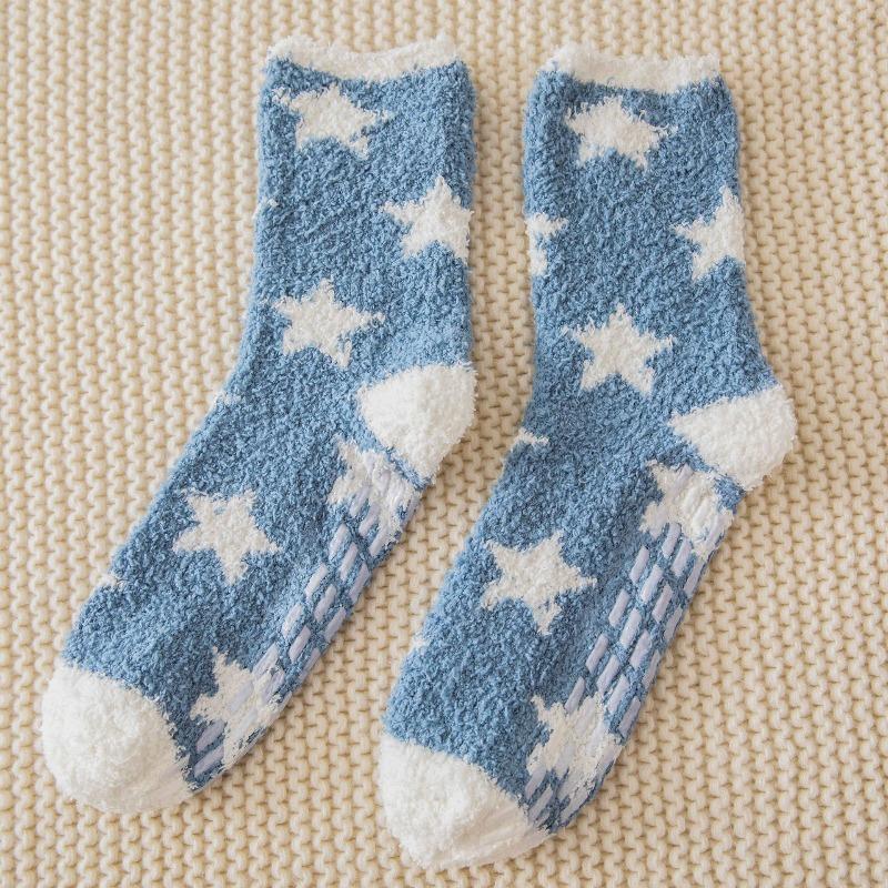 Non-shedding Coral Fleece Socks, Women's Glue Anti-slip Floor Socks, Star Half-fleece Winter Mid-calf Sleeping Socks