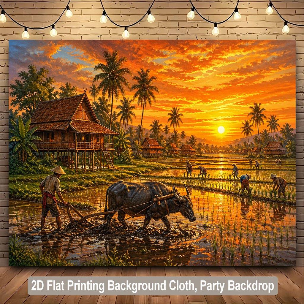 Levendige Tropische Zonsondergang Rijstveld Dorp Boerderij Azië Aziatische Cultuur Leven Wandtapijt Wanddecoratie Canvas Kunst Achtergrond
