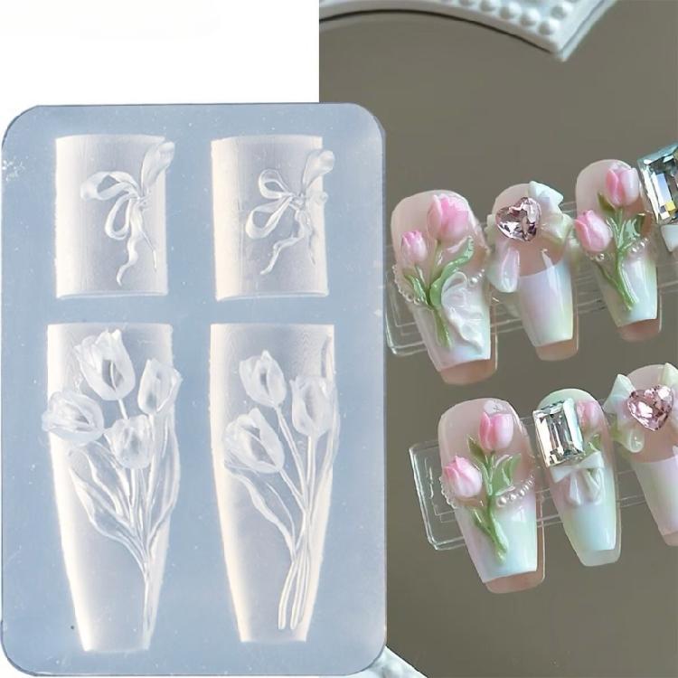 Clear Nail Art Silicone Mold Featuring 3D Tulips Floral Relief Design For Manicure Crafting