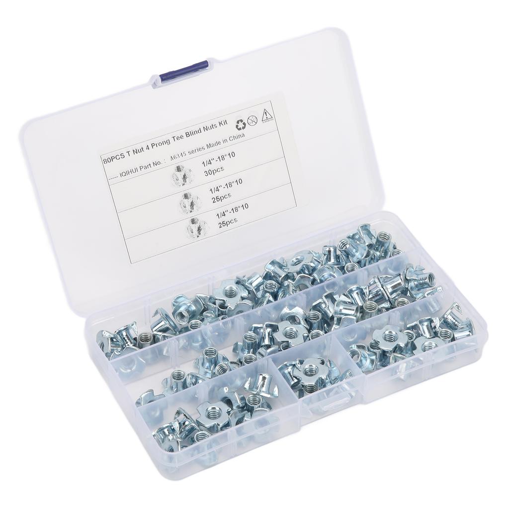 80 Pcs T Nut 4 Prong Tee Blind Nuts Kit 1/4 Inch Carbon Steel T Nut Assortment Kit for RV Electronic