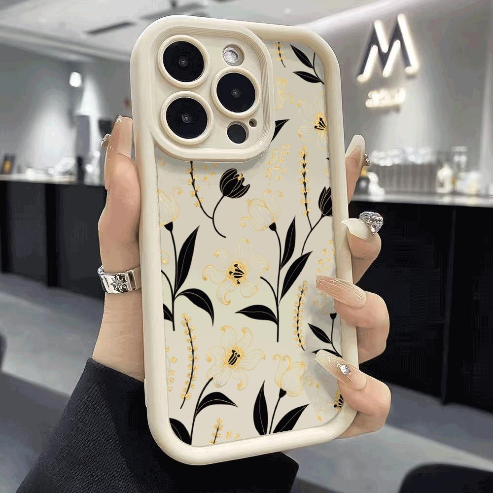 Gold Black Floral Pattern Phone Case for Xiaomi Redmi Note 14 13 12 11 10 9 8 7 Pro Shockproof Anti-Slip Soft TPU Cover