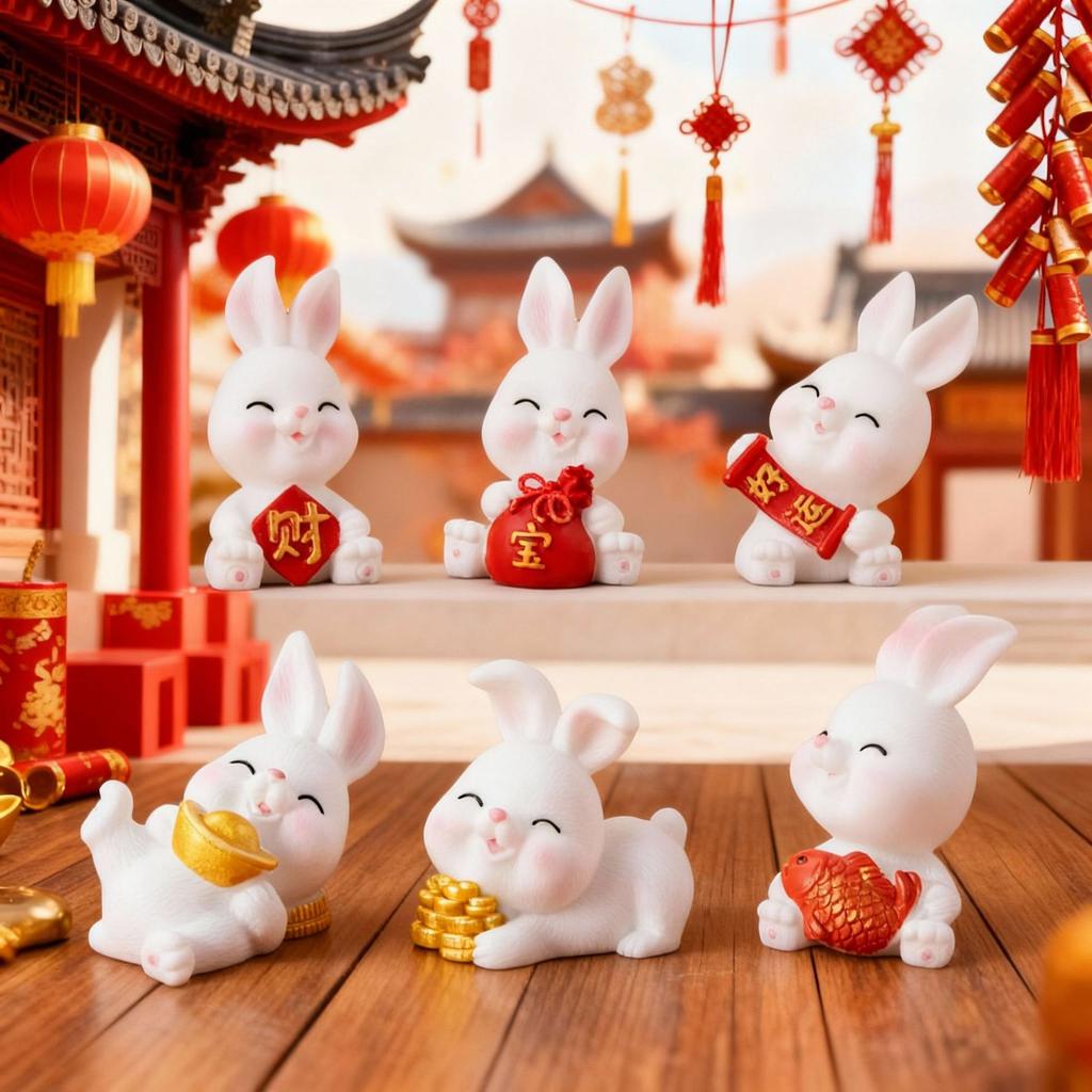 6Pcs Mini Rabbit Ornament Resin Craft Bunny for Desktop Garden Scene Decor Tiny Animal Statue Collection Gift Idea New Year