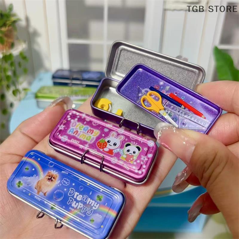 Double Layer Iron Pencil Box Pen Ruler Measuring Tape Scissors Model Dollhouse Miniature Micro Landscape Decor Pretend Play Toy