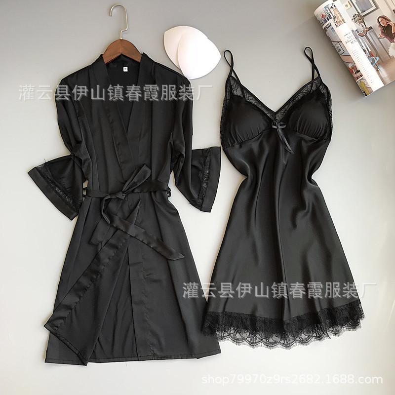 

Non-elastic satin European and American loungewear thin pajamas short-sleeved suspenders simulated silk lace M чёрный