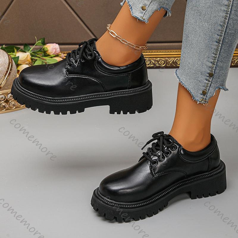 Fashion Comemore Women's Platform Shoes Fashion Black PU Leather Lace Up Office Work Pumps Woman Round Toe Chunky Heel Dress Loafers
