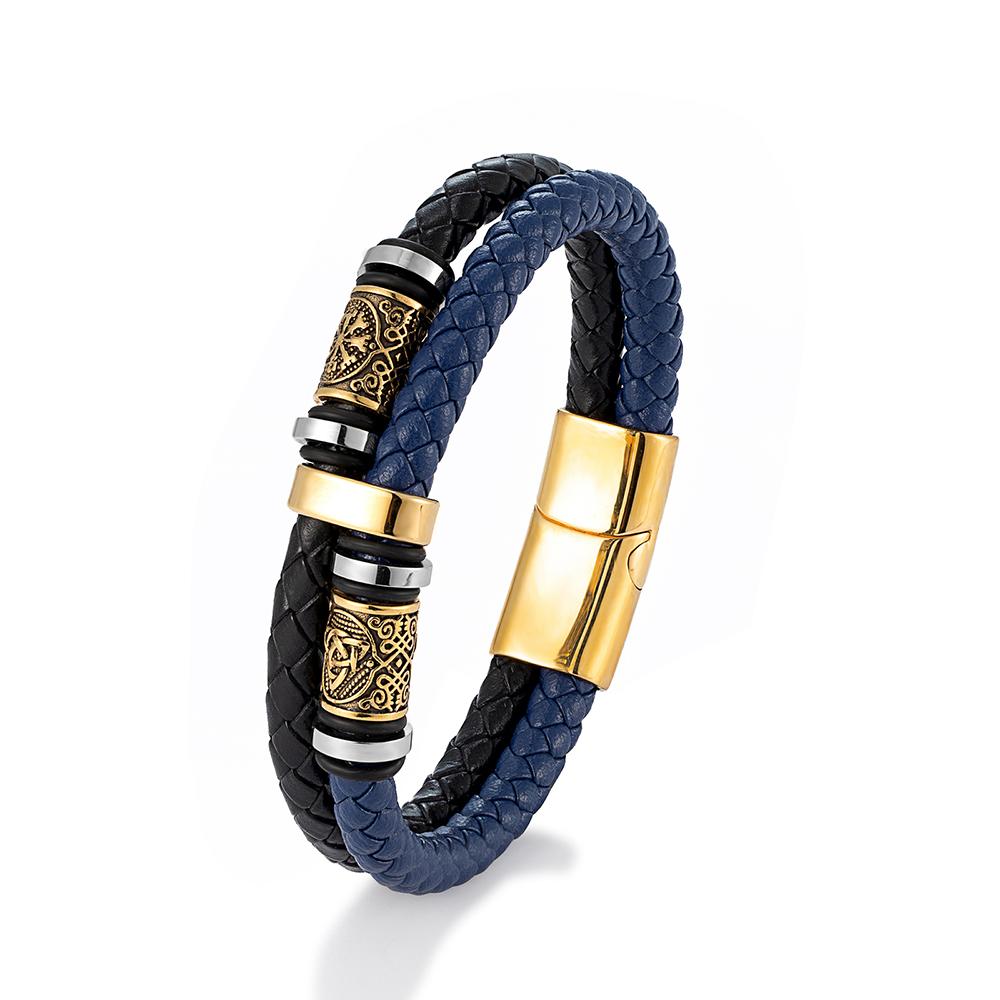 Viking Compass Runes Amulet Bracelet for Men Stainless Steel Genuine Leather Norse Mythology Jewelry