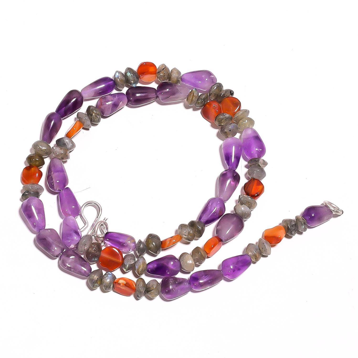 

Natural Amethyst Labradorite Carnelian Gemstone Smooth Beads Necklace 17 UB3259 UB-3259