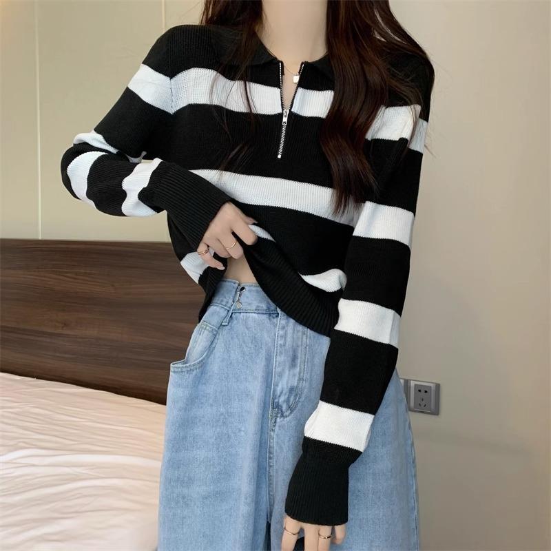 olo neck striped knitted sweater early autumn new women's clothing design sense short unique chic clothes