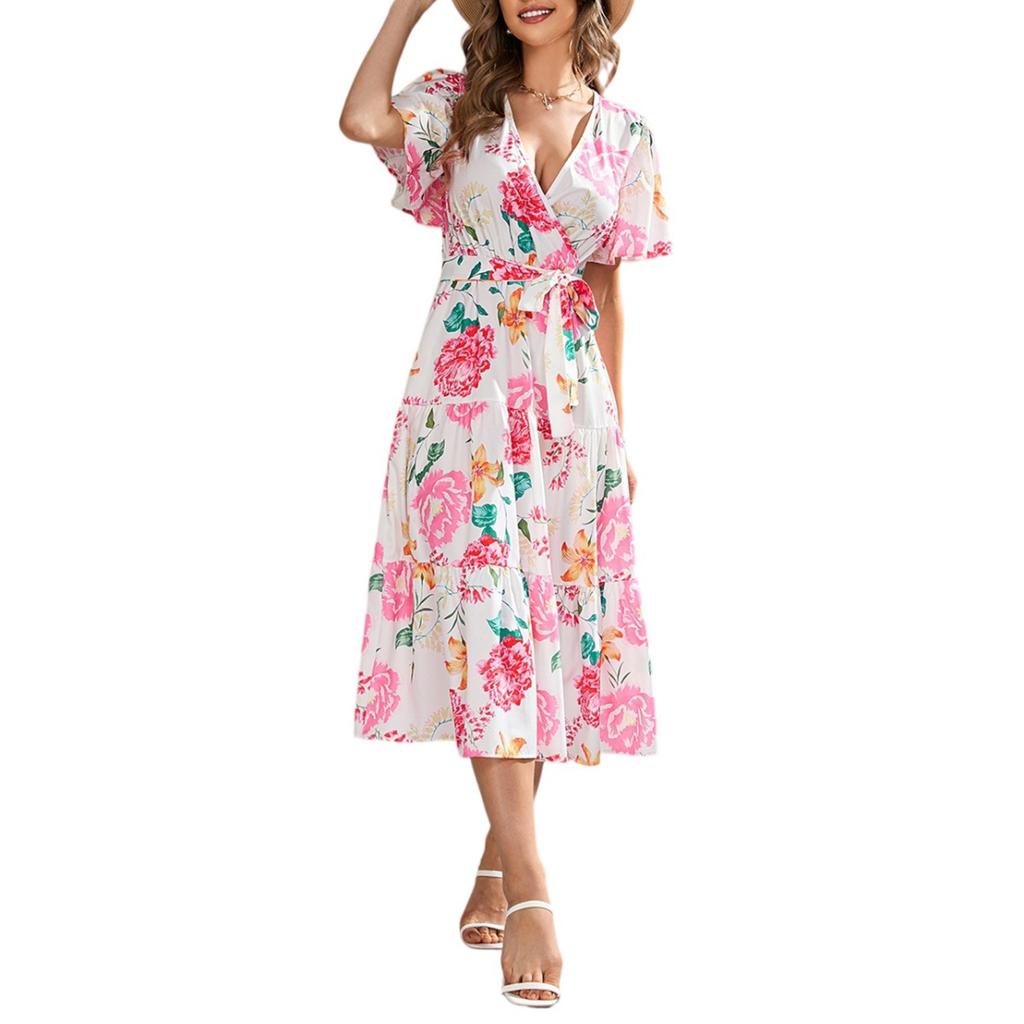 Women's Dresses Printed V-Neck Waisted Mid-Length Short Sleeve Dresses