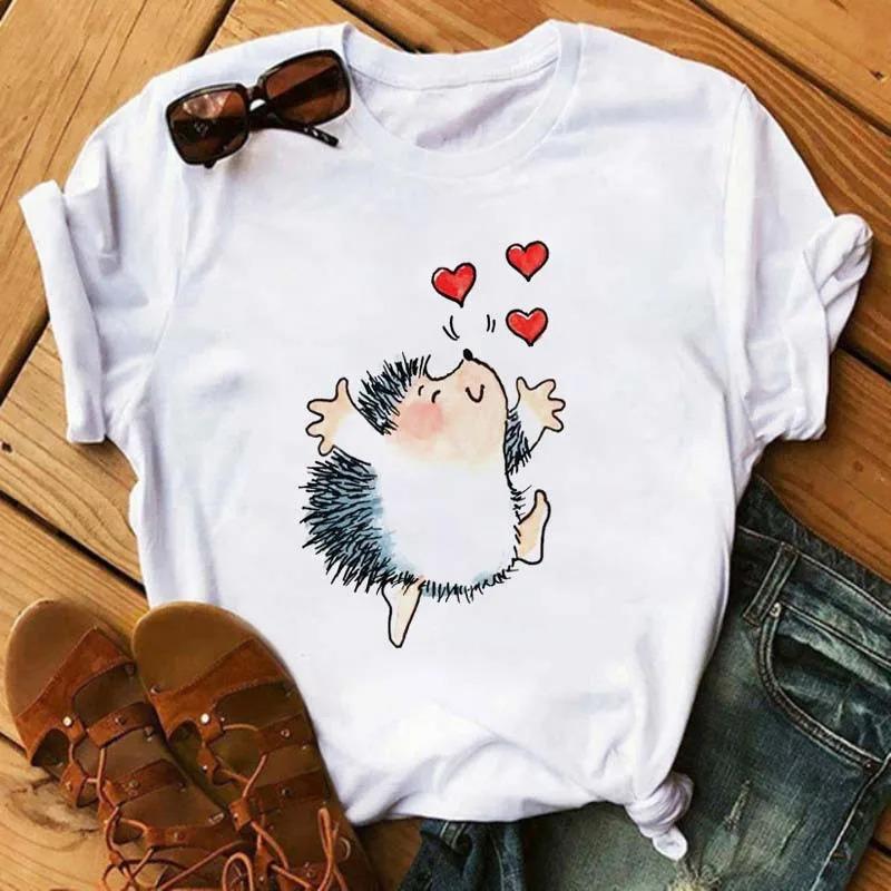 

Cartoon Hedgehog Heartshaped Pattern Tshirt Shortsleeved Top Suitable for Women Who Love Animals To Wear Tshirt Vintage S