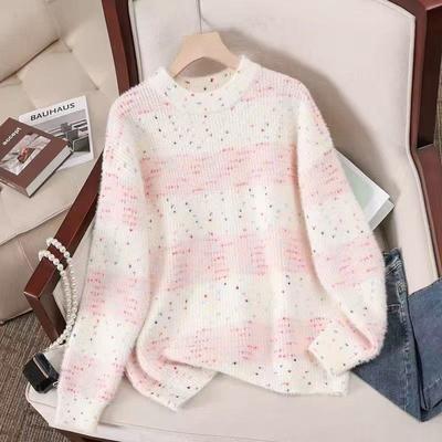 New Special Yarn Half-height Round Neck Loose Thickened Warm Color Matching Horizontal Strip with Knitted Top Sweater Women