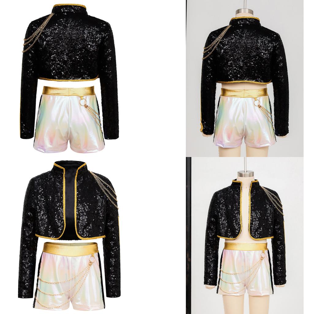 Kids Girls Demon Cosplay Singer Dance Outfit Sequins Shiny Long Sleeve Gold Webbing Trim Outer Wear with Golden Chain and Gloss Patchwork Color Block