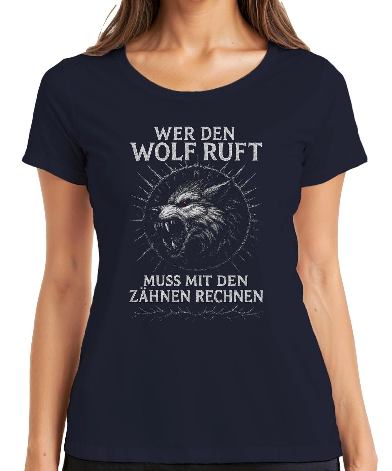Wer den Wolf ruft Wikinger Spruch Valhalla Nordisch Fenriswolf Damen T-Shirt XL