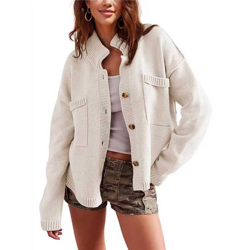 New Autumn and Winter Knitted Jacket Stand Collar Solid Color Cardigan Sweater Women's Clothing