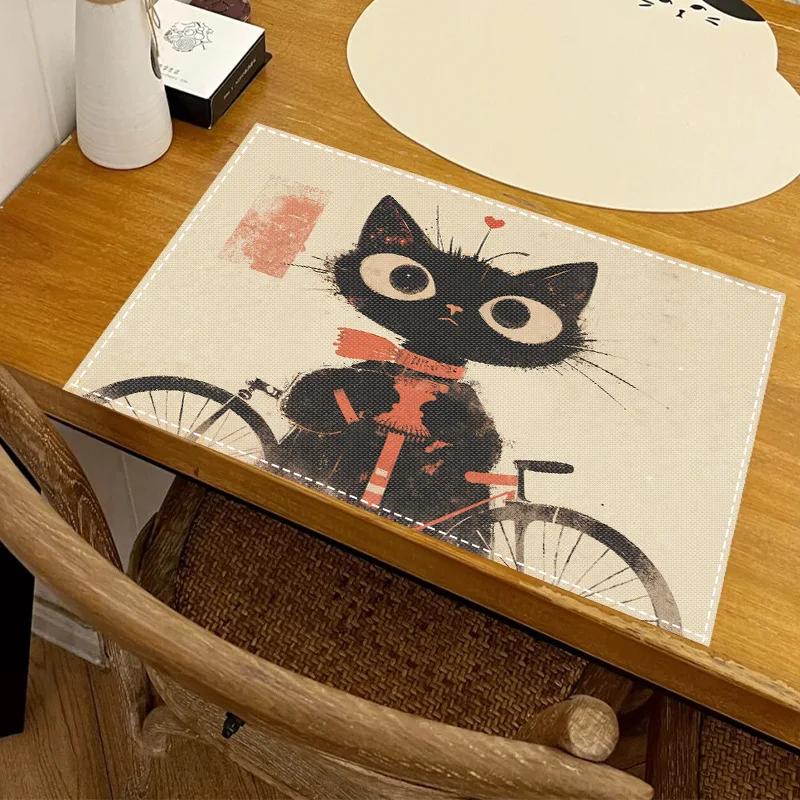 1PC Cartoon Black Cat Print Placemat Dining Table Decor Linen Tableware Coaster Set Kitchen Accessories For Kids Birthday Party