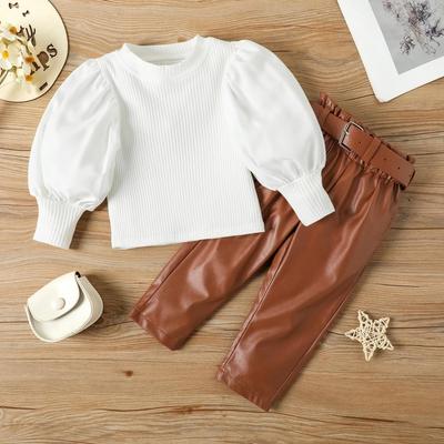 Girls' New Spring and Autumn Tops Fashionable Pu Belt Waist Leather Pants Suit