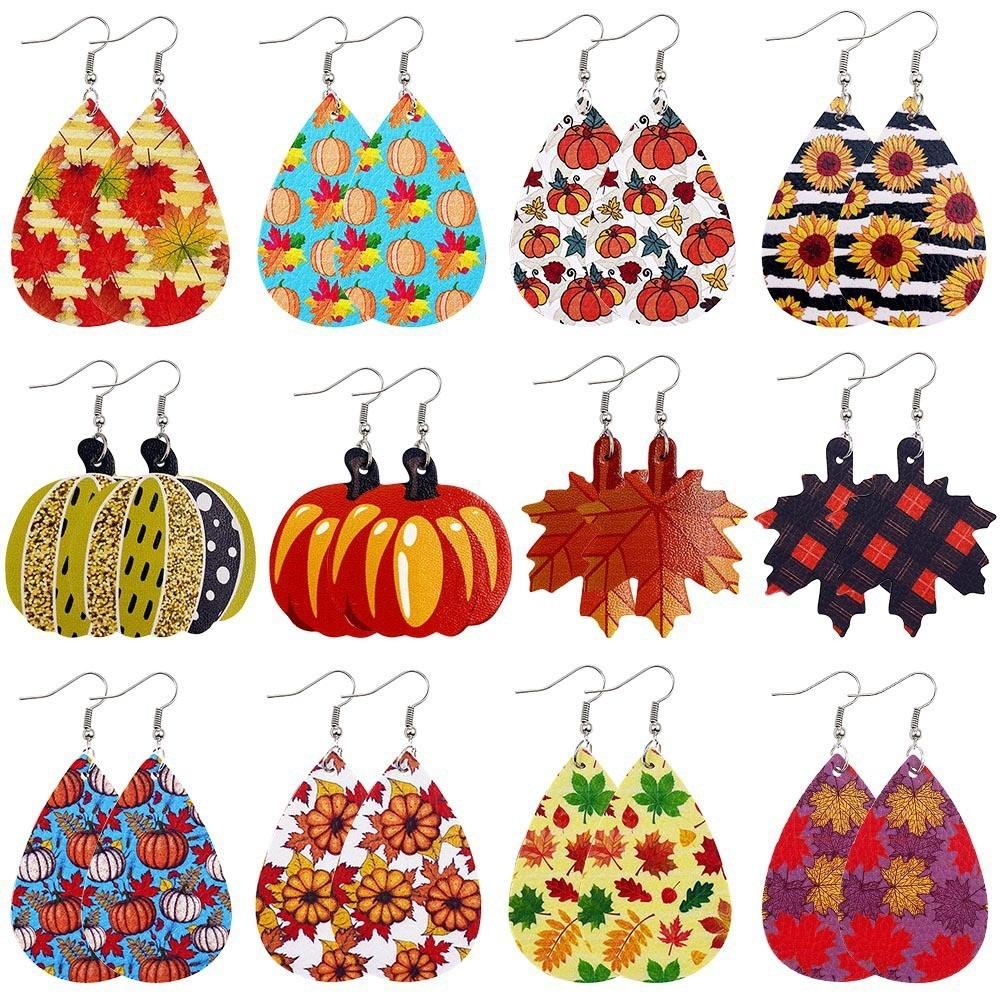 Fall Thanksgiving Earrings Leather Pumpkin Leaf Shape Leather Earrings